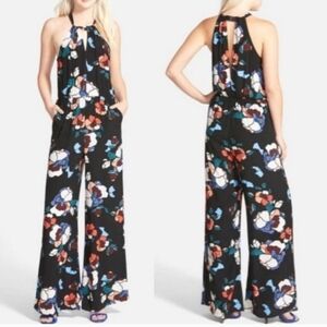 ASTR the Label Black Floral Jumpsuit Sleeveless Halter Wide Leg summer pants xs